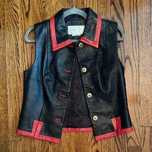 Stunning vintage Black Leather Vest with Red Trim Button Front